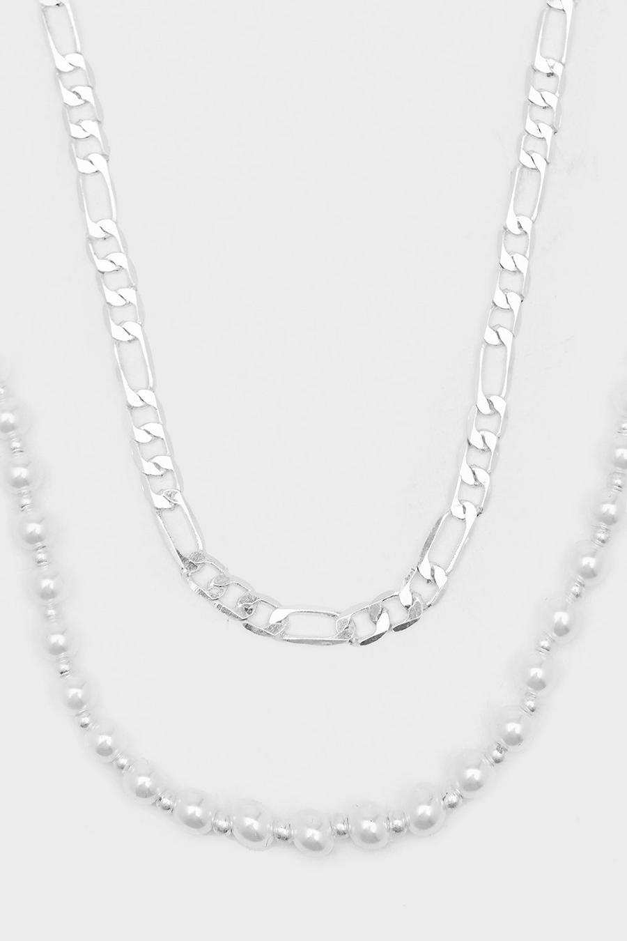 Silver Double Layer Figaro Chain Necklace image number 1