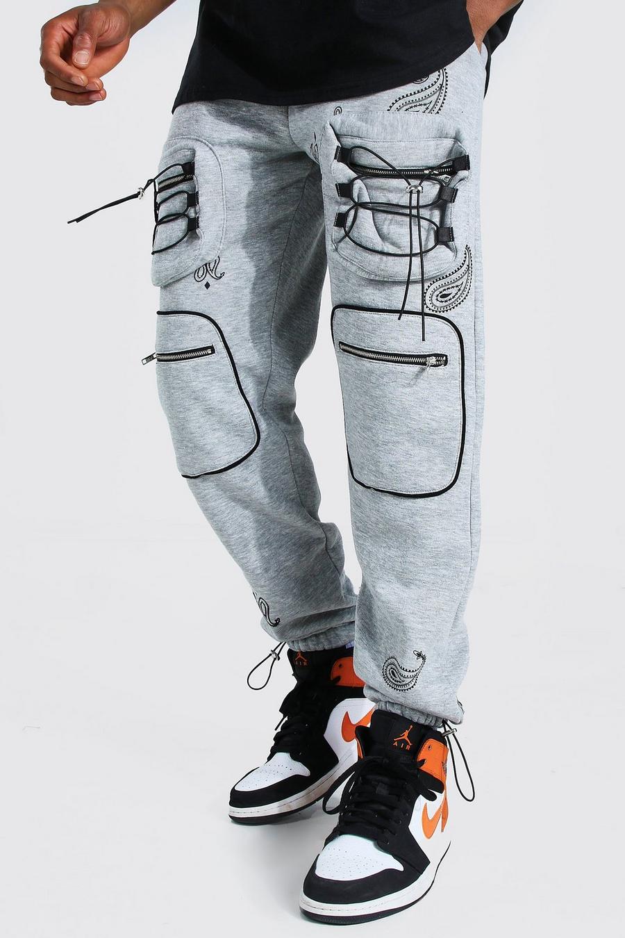 סלע אפור מכנסי ריצה דגמ"ח בסגנון שימושי עם רקמת בנדנה image number 1