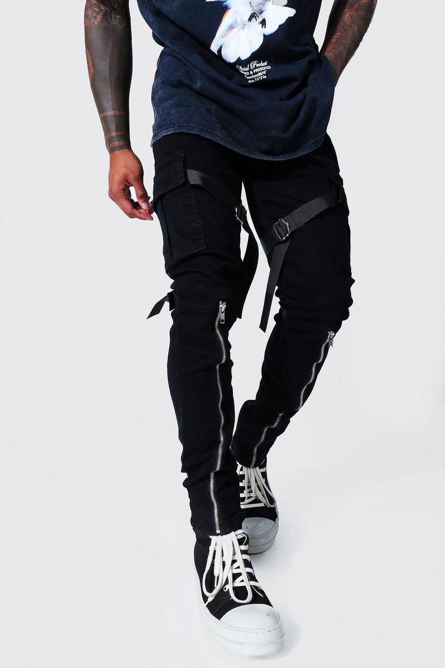 שחור אמיתי סקיני ג'ינס דגמ"ח נמתח עם כיסים מרובים ורוכסן image number 1