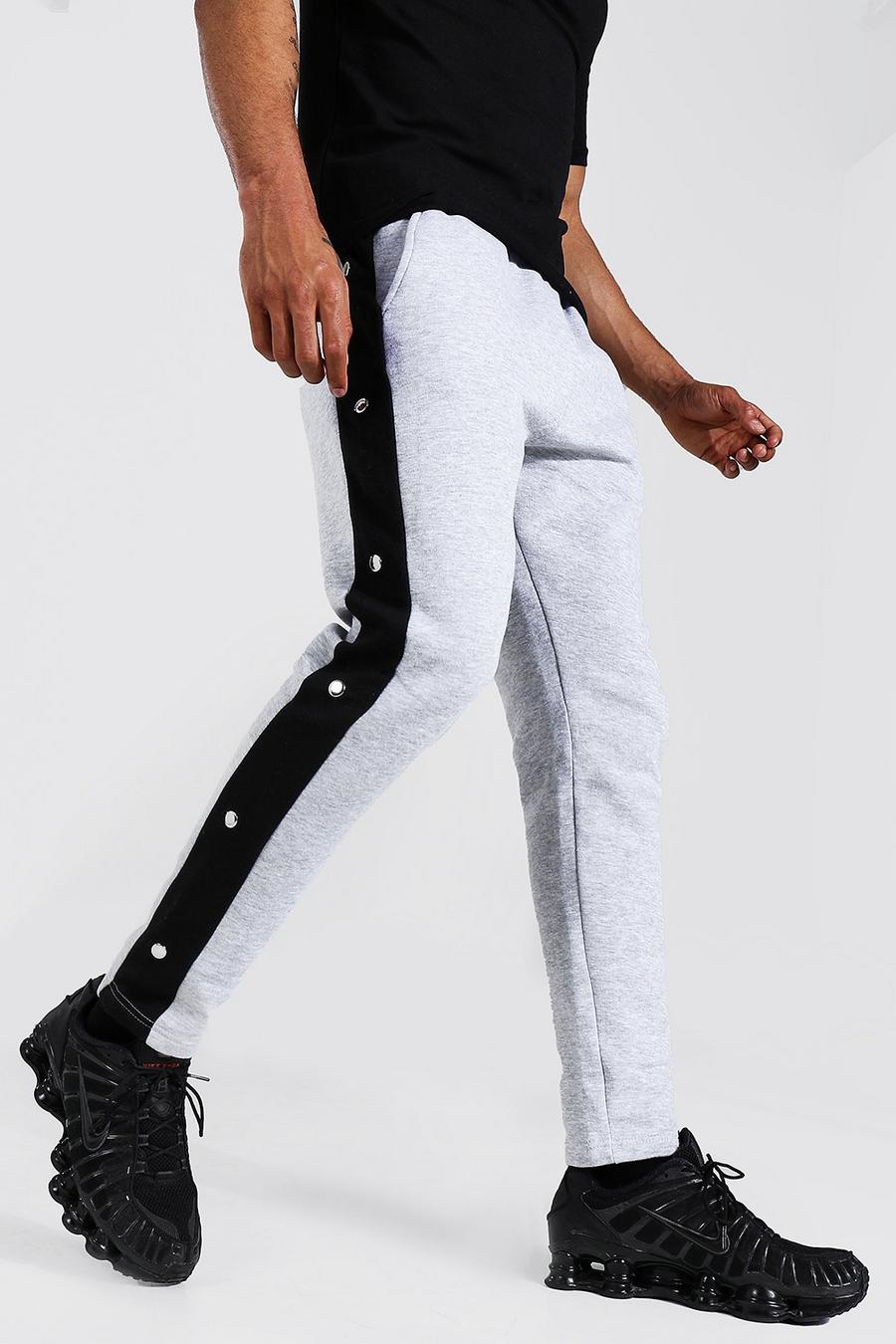 Slim Fit Jogginghosen mit Druckknöpfen und Man-Schriftzug, Grau meliert image number 1