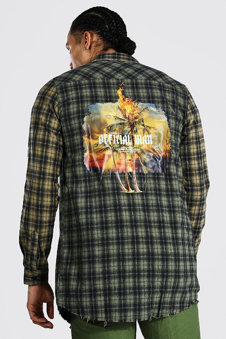 Olive Tall Longline Flannel Shirt With Back Print image number 1