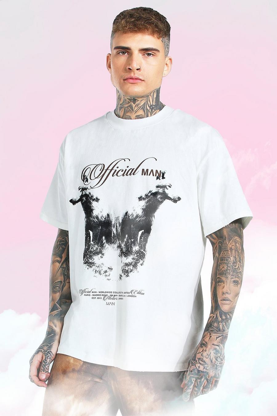 Ecru Oversize t-shirt med tryck och hög halsmudd image number 1