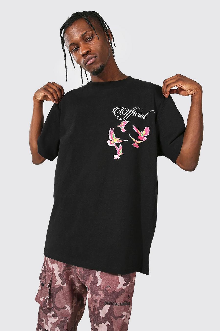 T-Shirt in Übergröße mit Print und verlängertem Ausschnitt, Schwarz image number 1