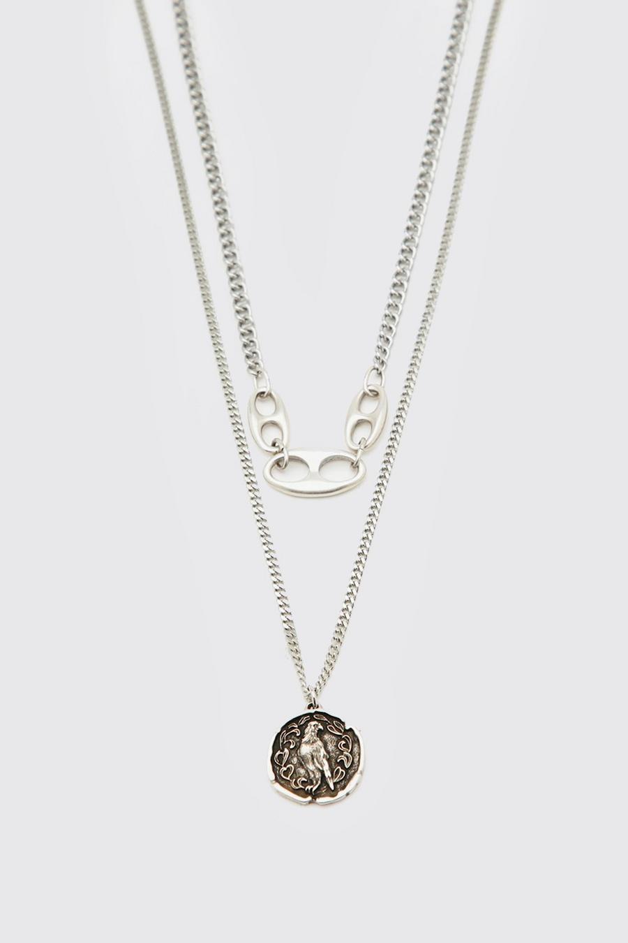 Zweireihige Halskette mit Adler-Anhänger, Silber image number 1