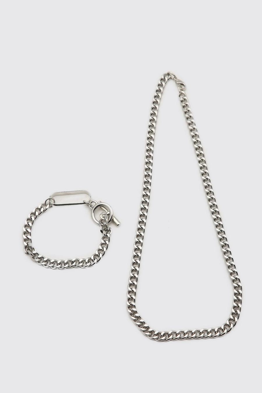 Set collana & bracciale a catena spessa e piatta con barretta, Argento image number 1
