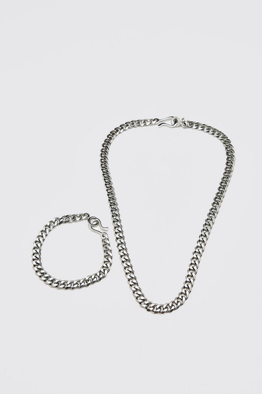 Silver Chunky Chain And Bracelet Set