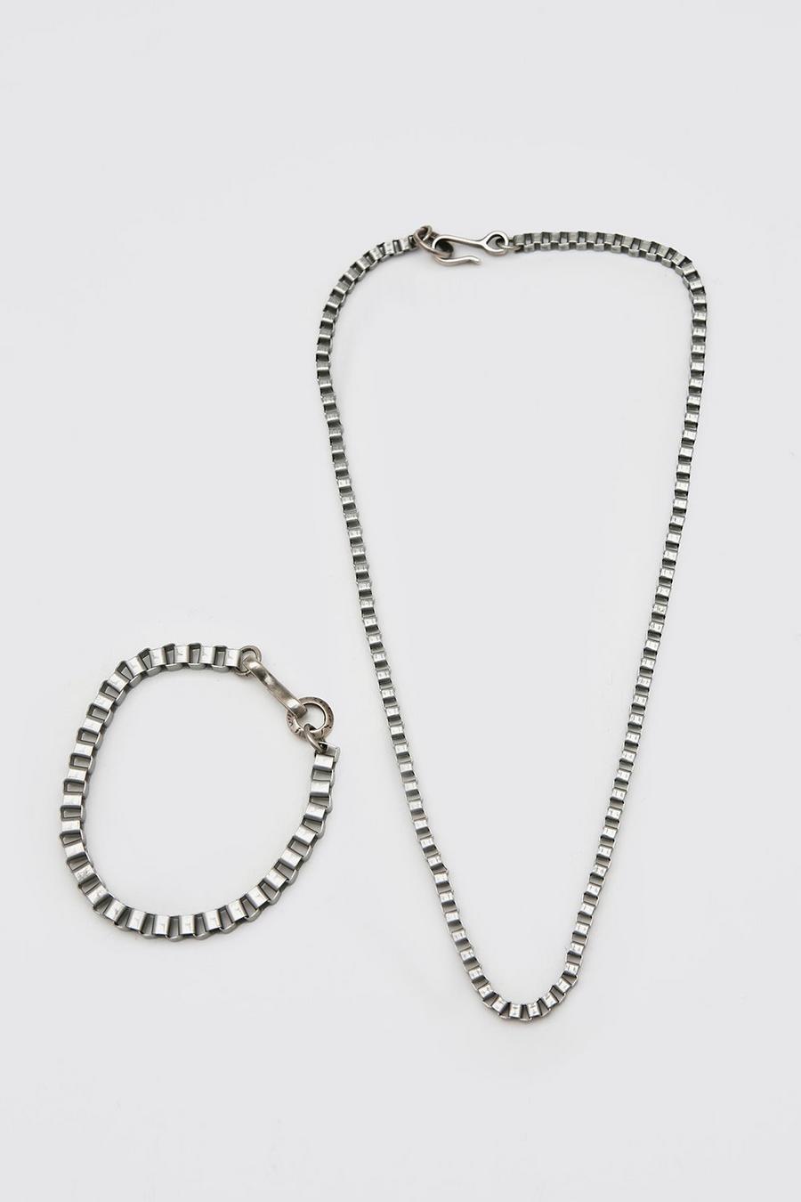 Silver Box Chain Necklace And Bracelet Set image number 1