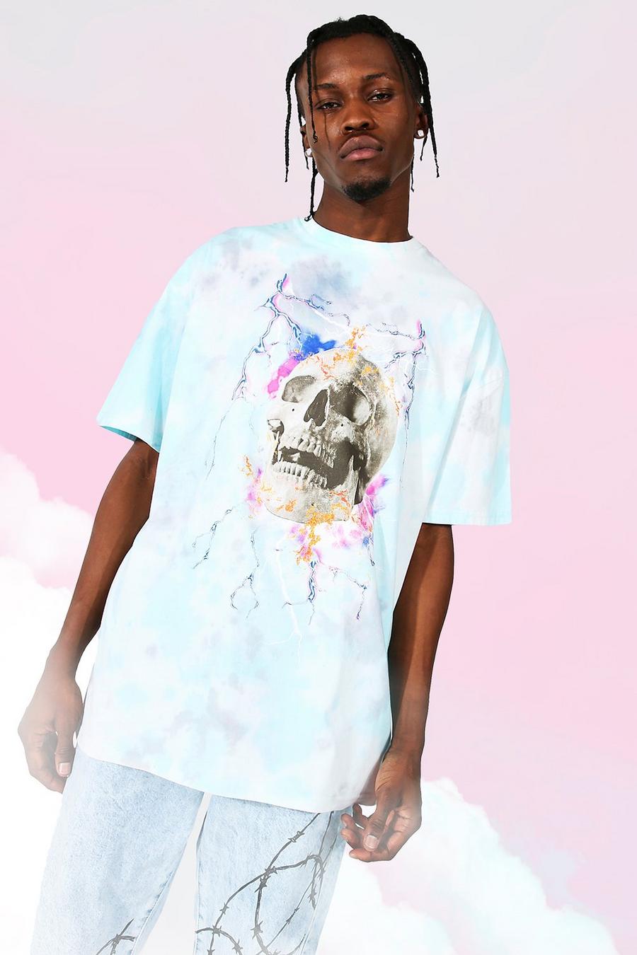 Blue Oversized Tie Dye Schedel T-Shirt image number 1