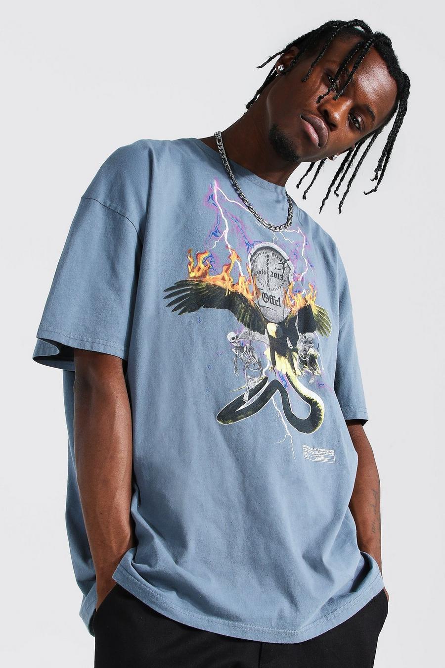 Charcoal Oversize överfärgad t-shirt med falkfågel image number 1