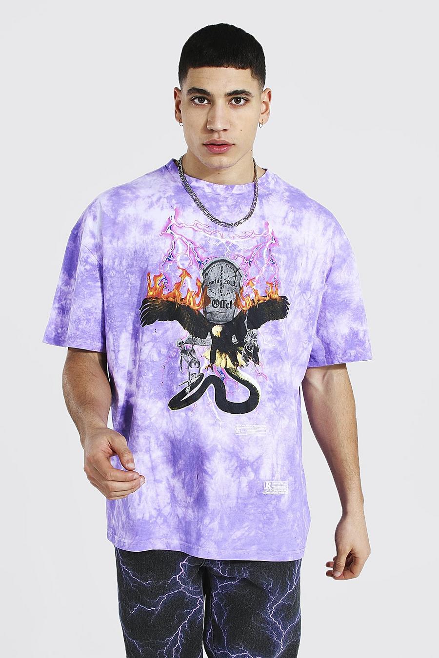 Lilac Oversize batikmönstrad t-shirt med falkfågel image number 1
