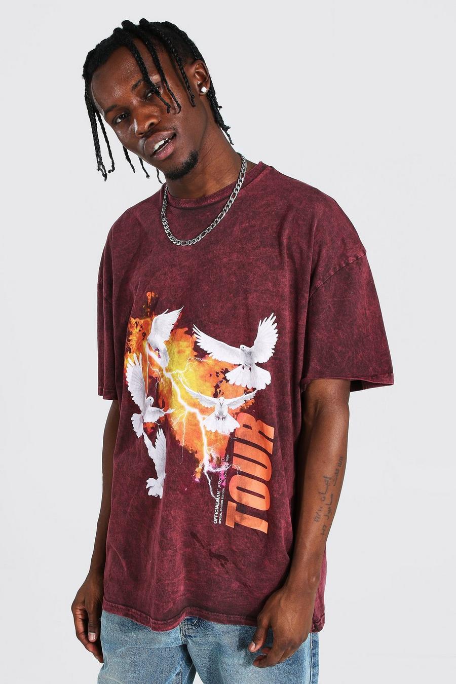 Camiseta ancha con lavado ácido y estampado de paloma, Marrón image number 1