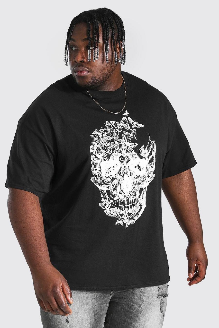 Black Plus Size Butterfly Skull Print T-shirt image number 1