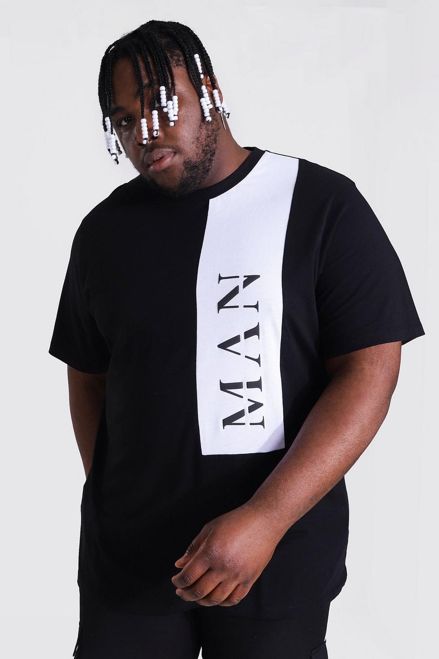 T-shirt Plus Size a blocchi di colore con scritta Man a caratteri romani, Nero image number 1