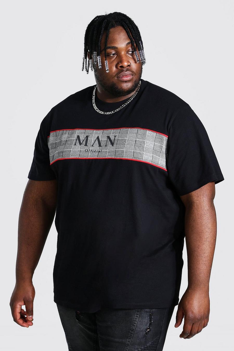 Black Plus Size Man T-Shirt Met Tekst En Jacquard Paneel image number 1