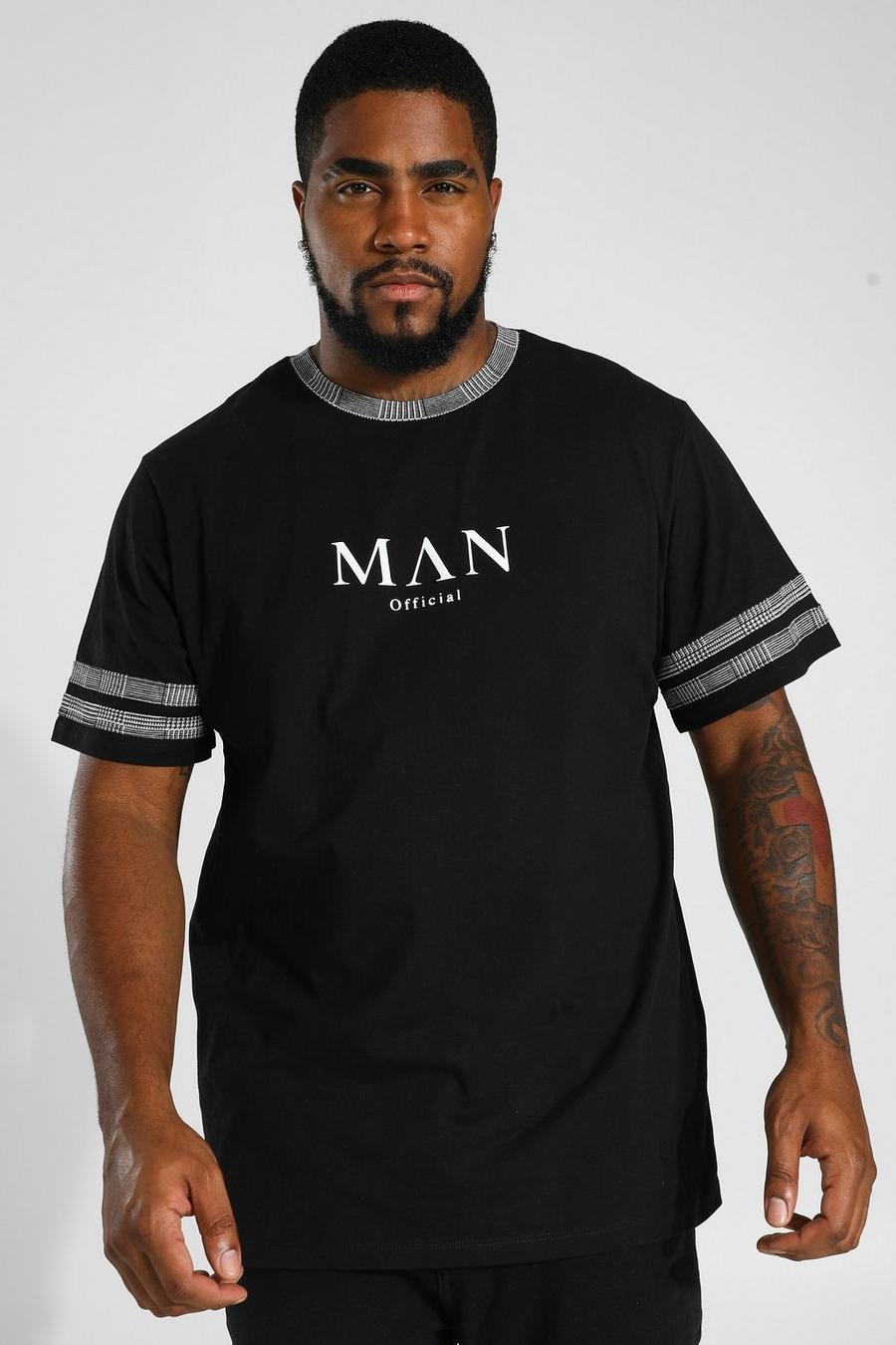 Black Plus Size Man T-Shirt Met Tekst En Jacquard Paneel image number 1