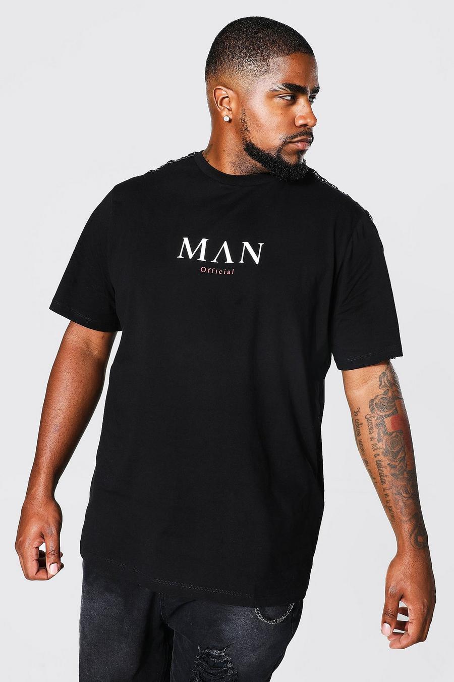 Black Plus Size Man T-Shirt Met Tekst En Schouder Streep image number 1