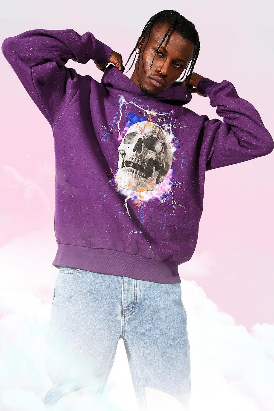 Purple Oversize överfärgad hoodie med dödskalle image number 1