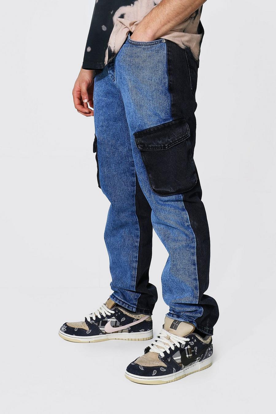 פחם ג'ינס קרגו בגזרה ישרה עם מכפלת רוכסן וצבעים מנוגדים image number 1