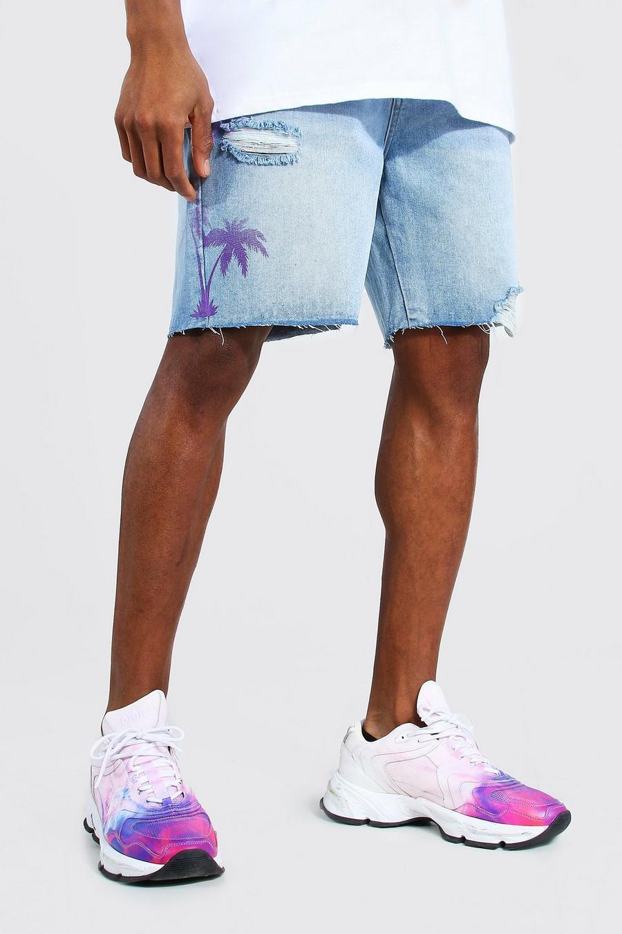 Pantaloncini in denim taglio rilassato con stampa di palme, Blu ghiaccio image number 1