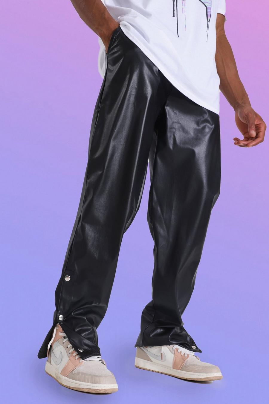 Pantalon droit en simili à boutons pression, Black image number 1