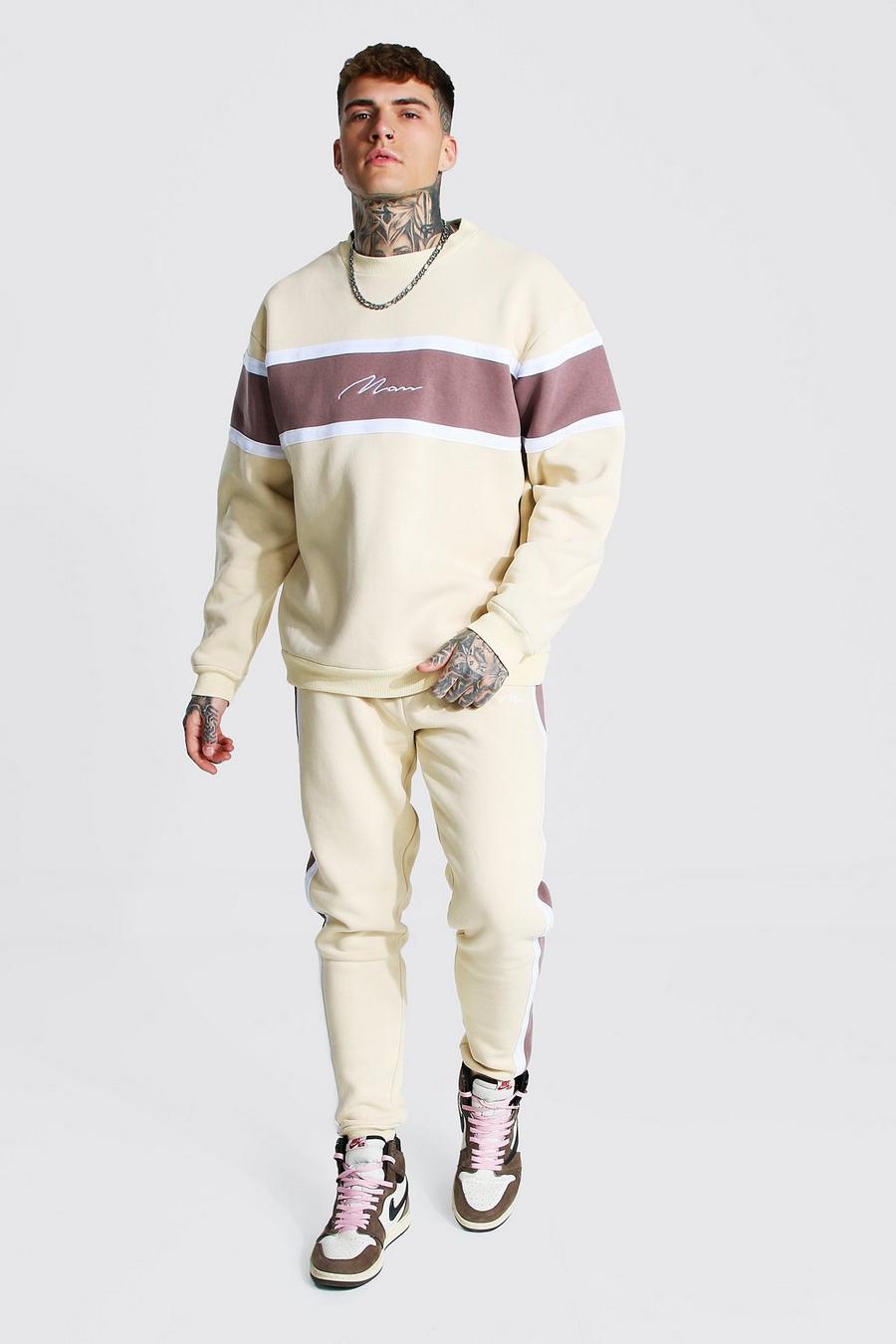 Taupe Man Colour Block Sweater Tracksuit image number 1