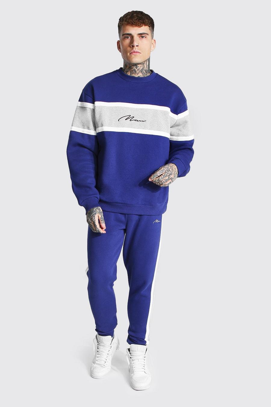 Navy Man Colour Block Sweater Tracksuit image number 1