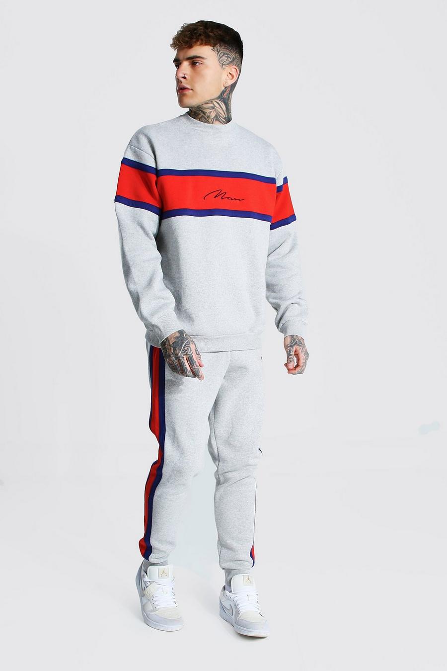 Grey marl MAN Träningsoverall med sweatshirt och blockfärger image number 1