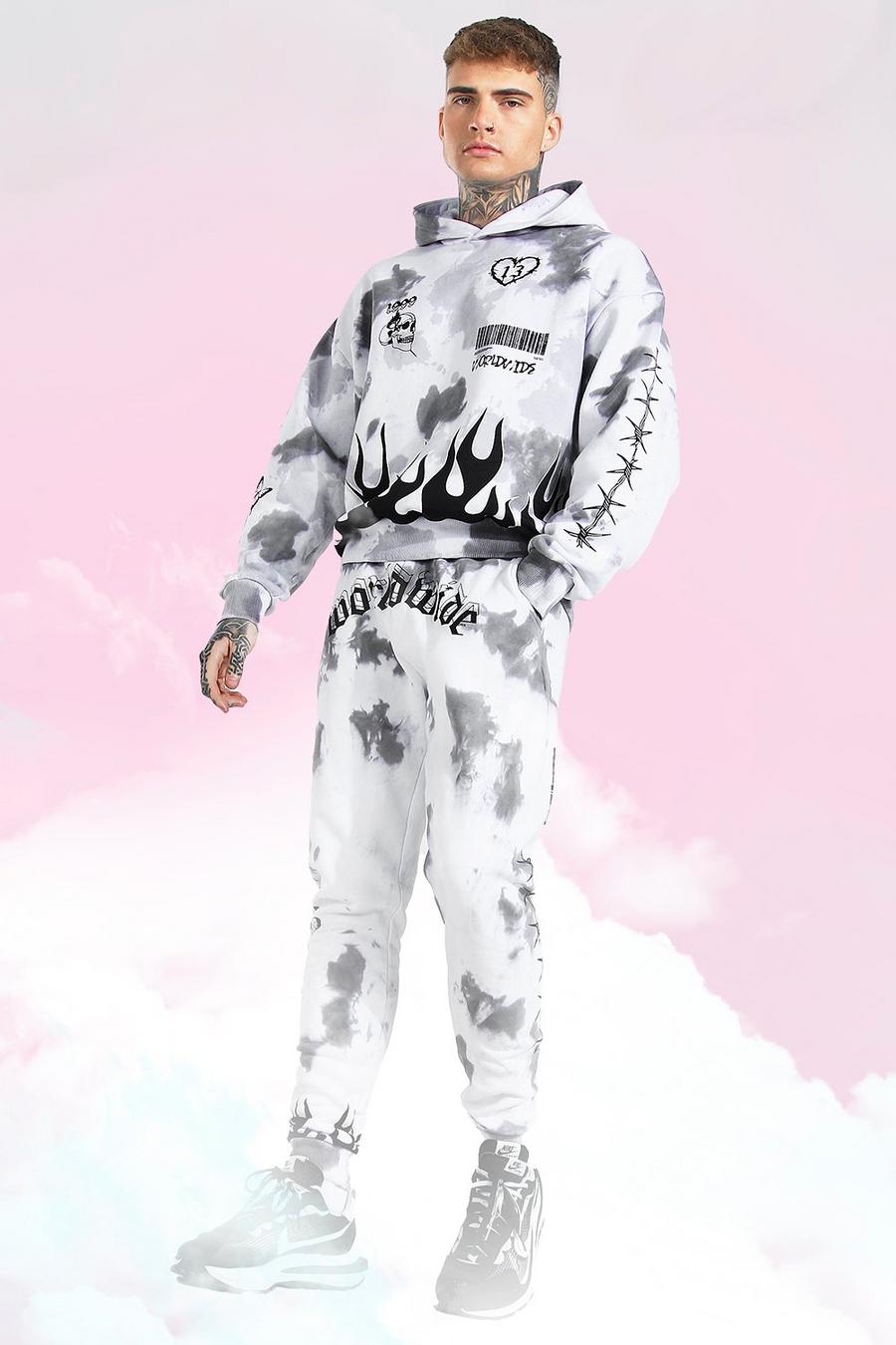 Grey Oversized Tie Dye Graffiti Hooded Tracksuit image number 1