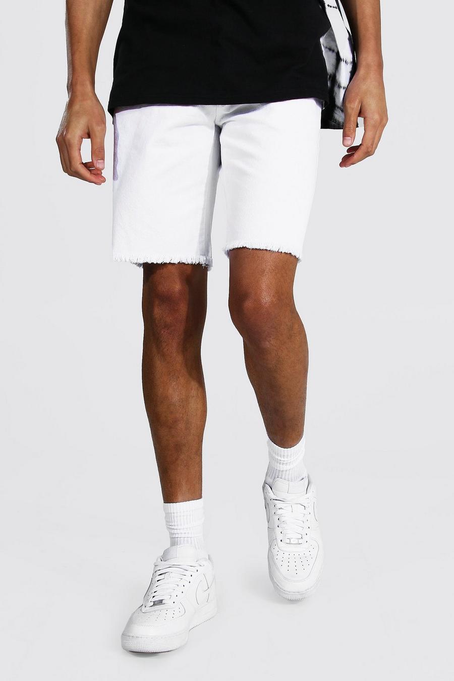 Pantalones cortos vaqueros rasgados rígidos de corte ajustado con bajo sin rematar, Blanco image number 1