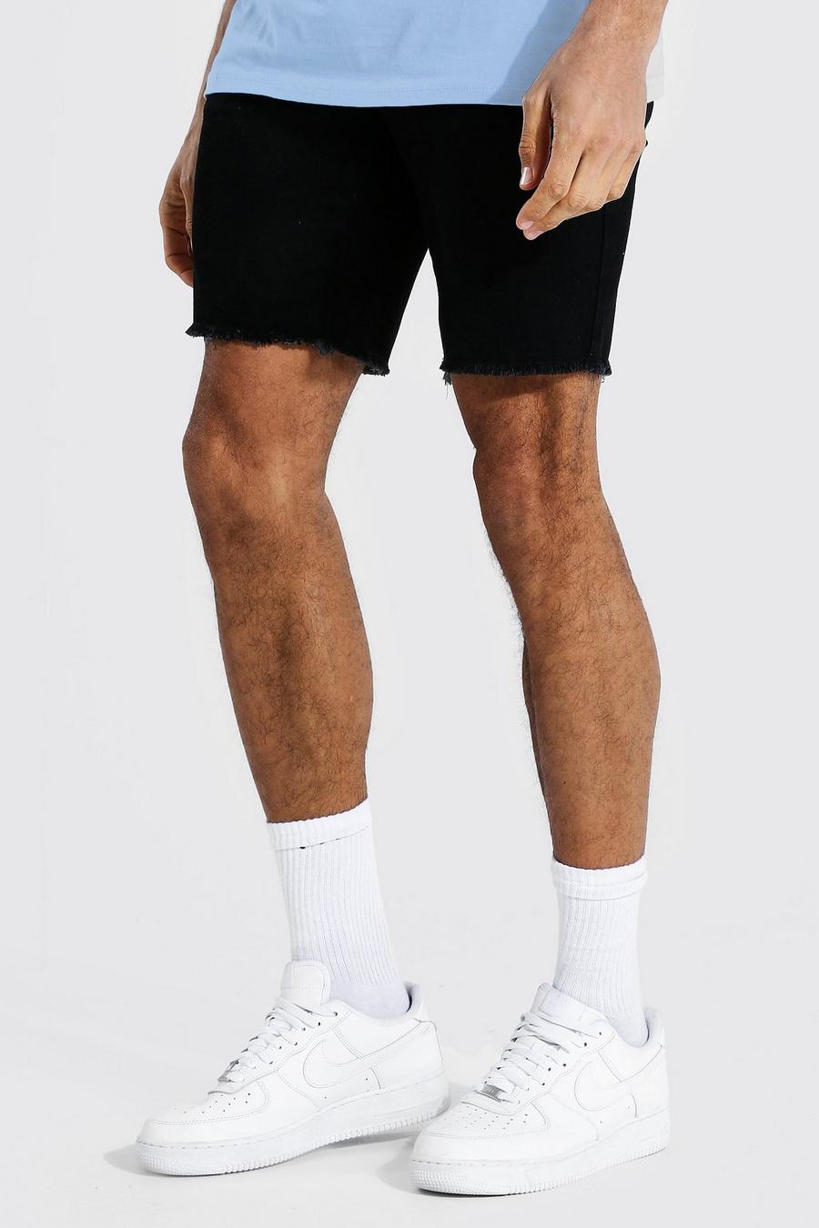 Pantalones cortos vaqueros rasgados rígidos de corte ajustado con bajo sin rematar, Negro desteñido image number 1