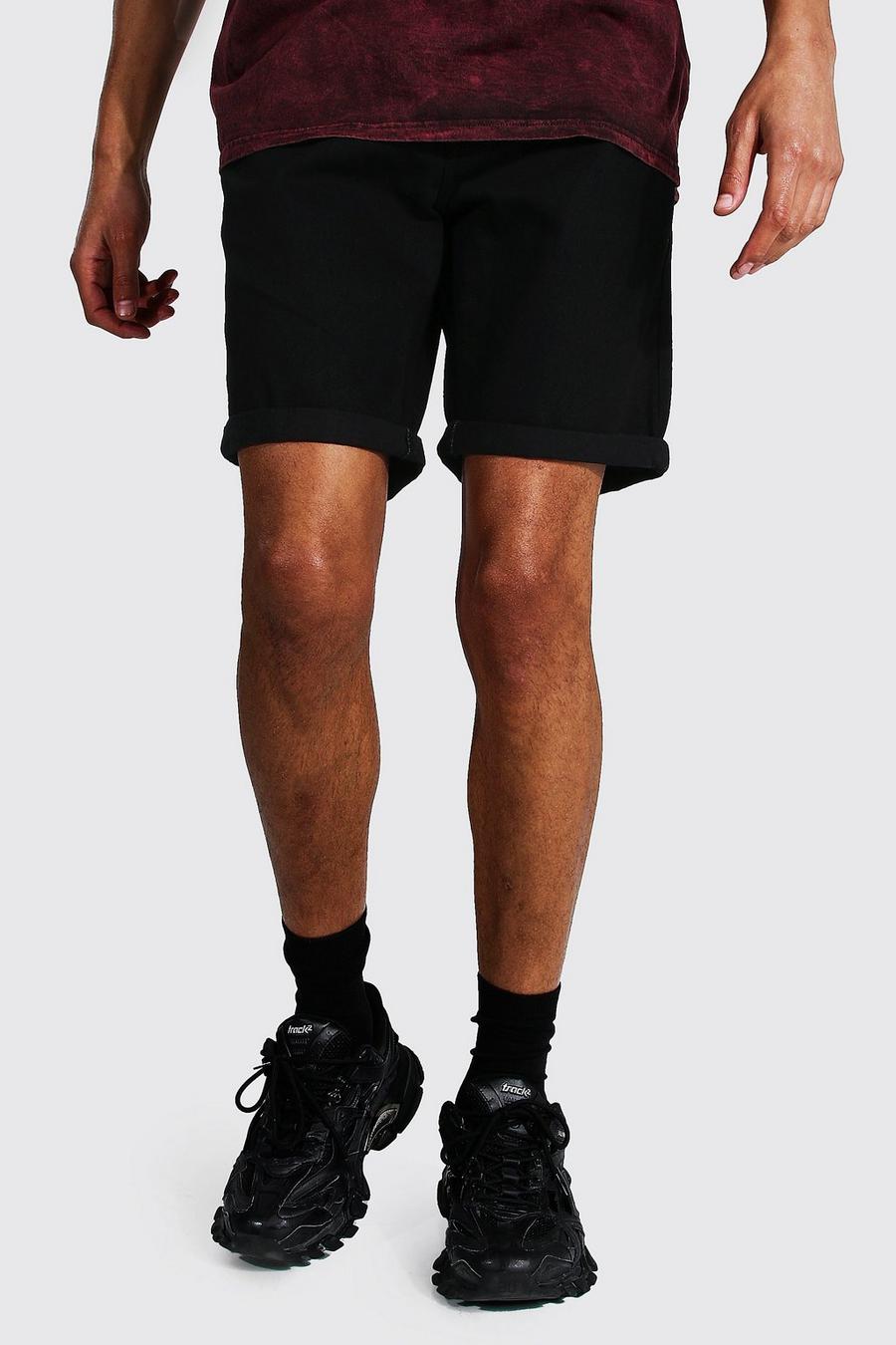 Pantalones cortos vaqueros rasgados de corte ajustado con vuelta Tall, Negro image number 1