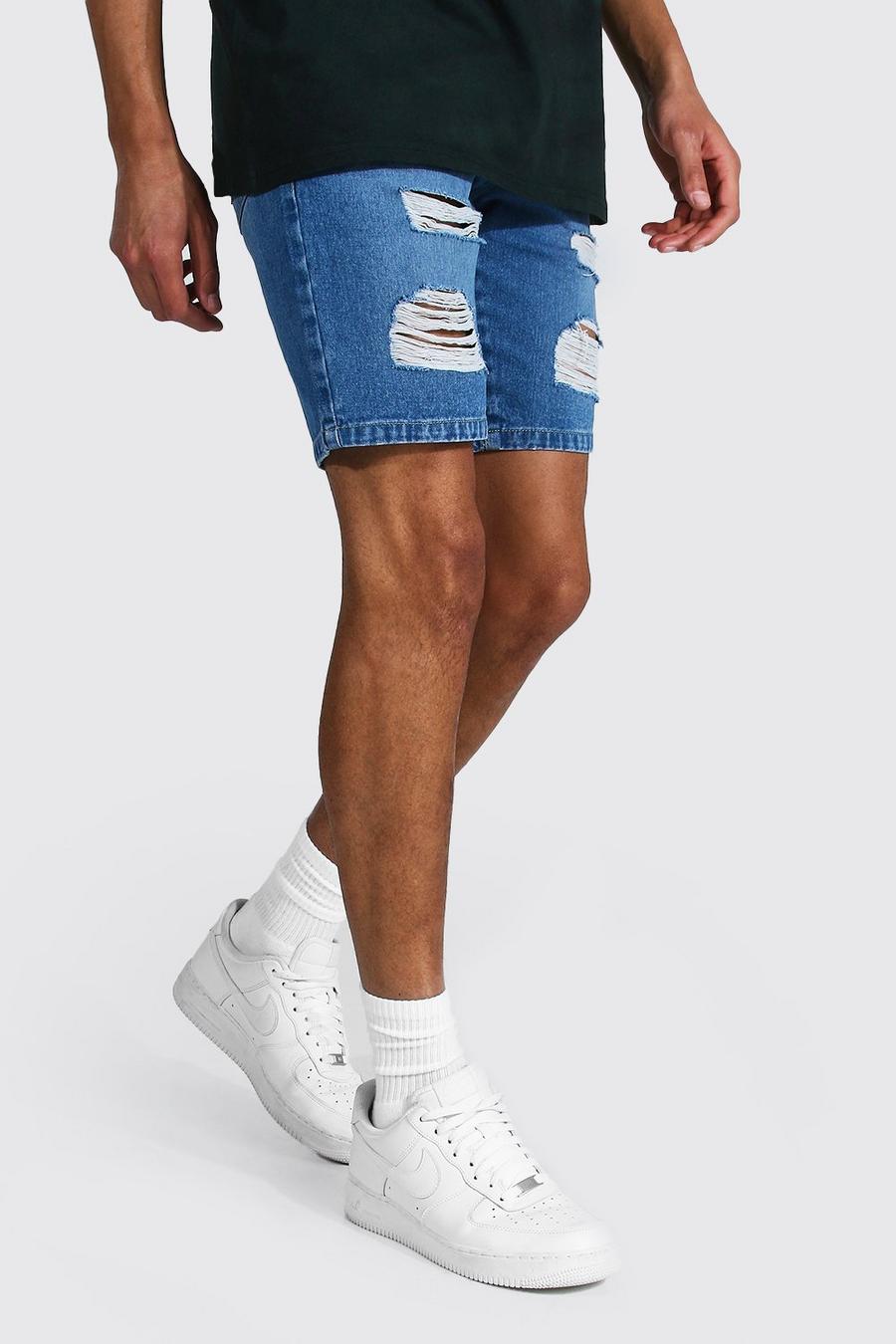 Mid blue Tall - Slitna jeansshorts i slim fit image number 1