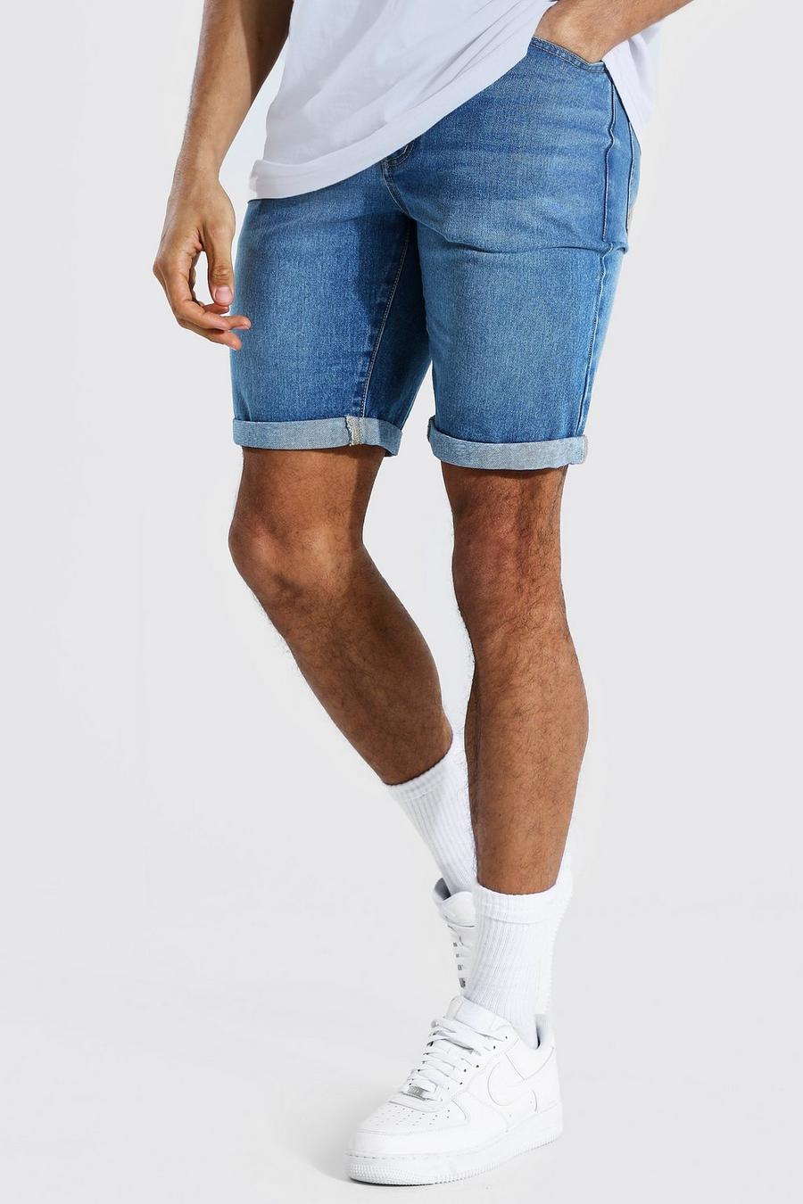 Mid blue Tall Slim Rigid Denim Shorts With Turn Up image number 1