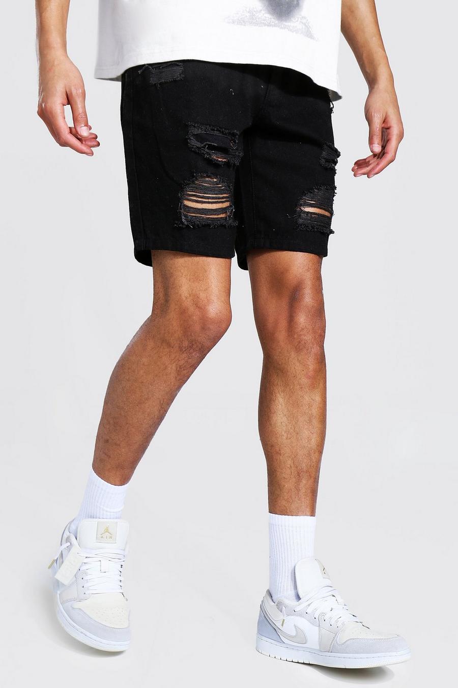 Black Tall Slim Fit Distressed Denim Shorts image number 1