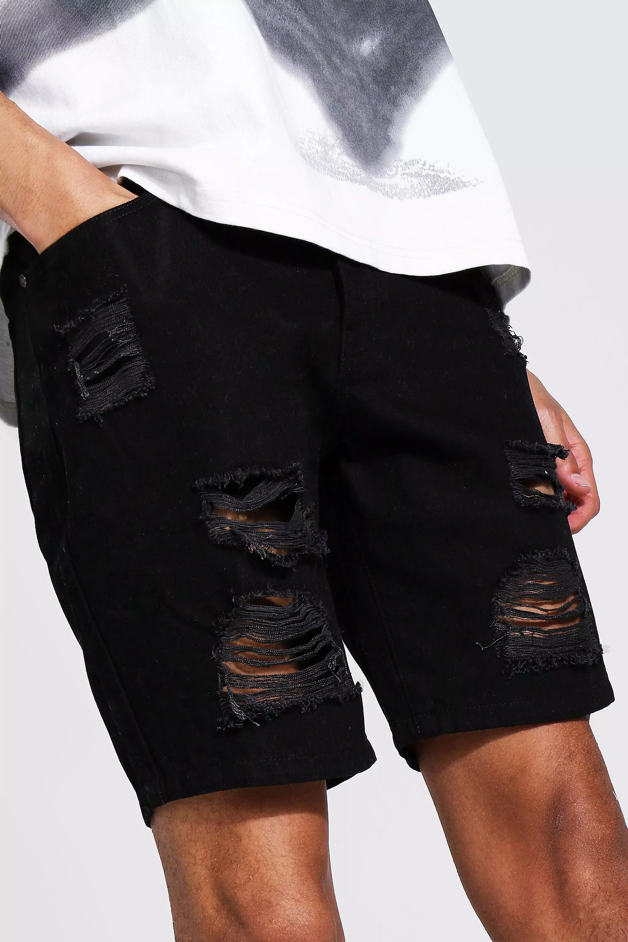 Mens distressed denim shorts hot sale black