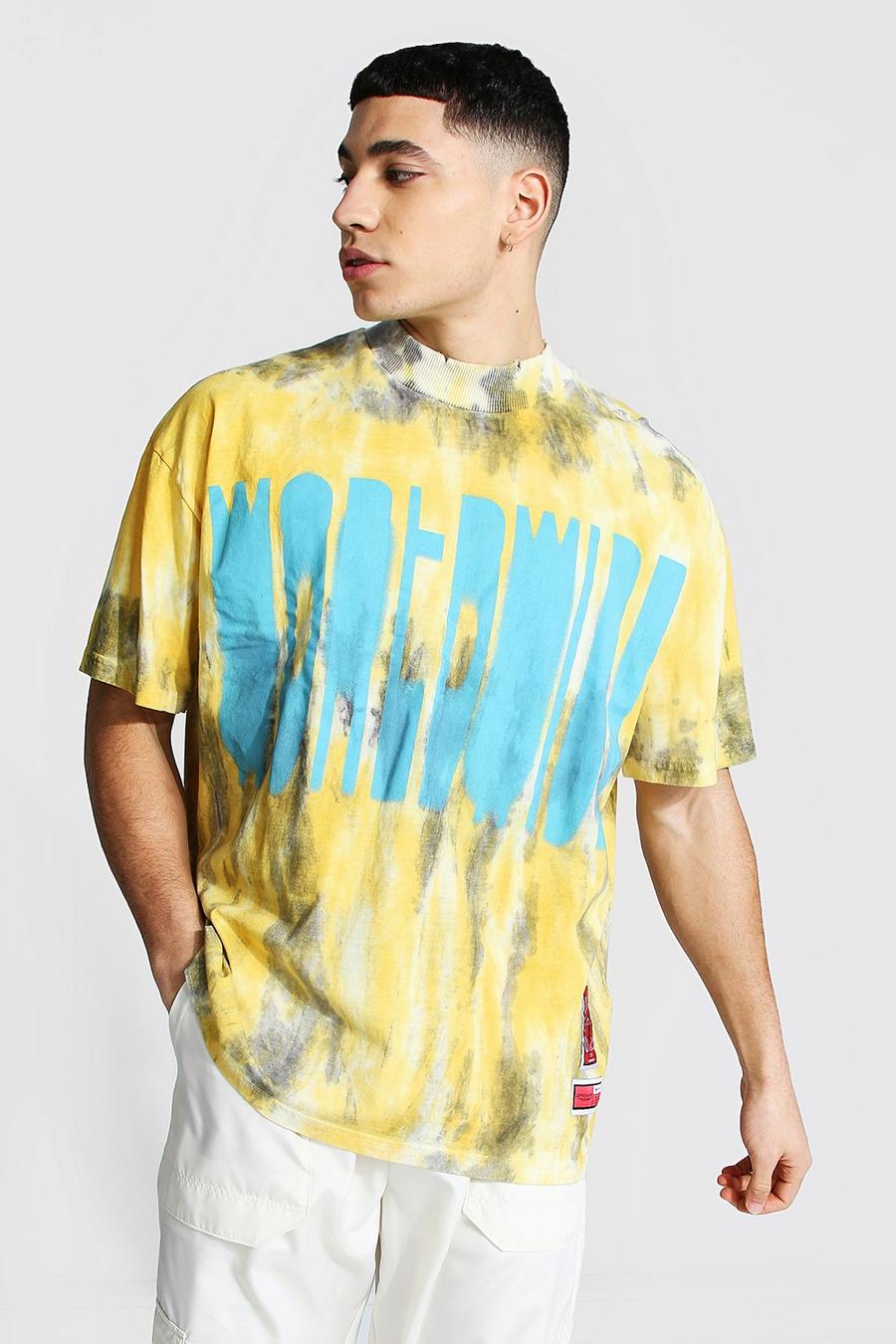Yellow "Worldwide" Oversize t-shirt med batikmönster image number 1