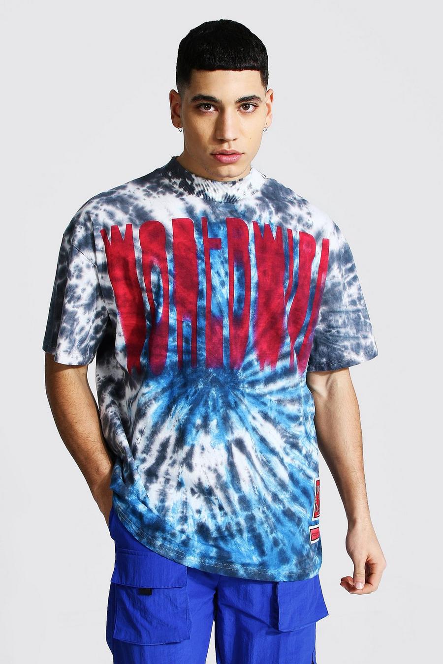 T-shirt oversize effetto tie dye con scritta Worldwide, Nero image number 1