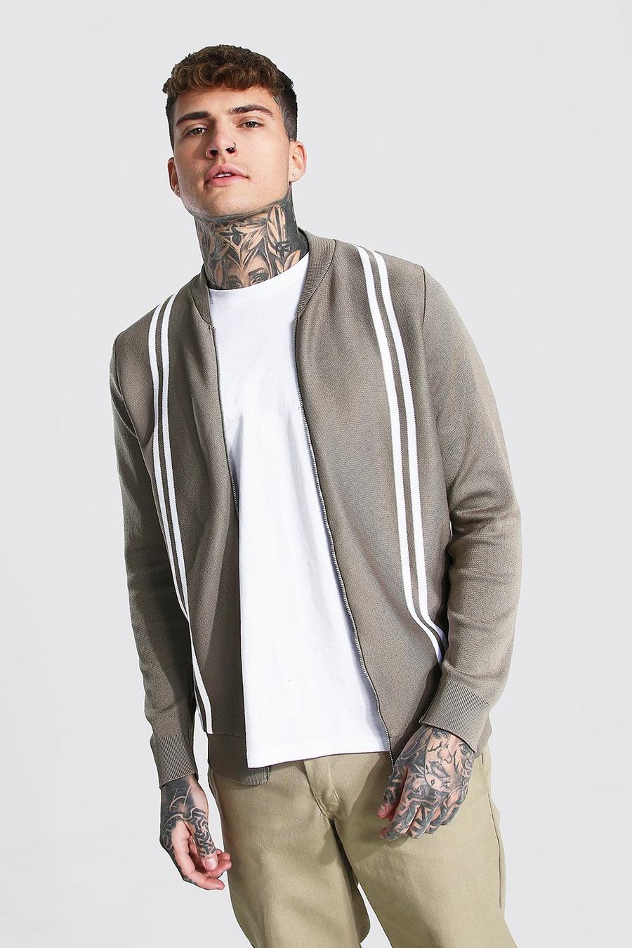 Taupe Striped Knitted Bomber Jacket image number 1