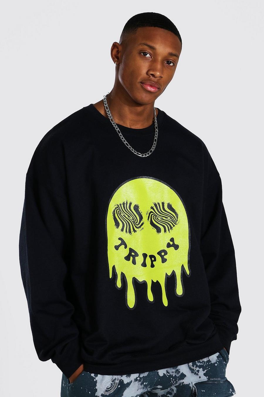 Sweatshirt in Übergröße mit Trippy Drip Face-Print, Schwarz image number 1