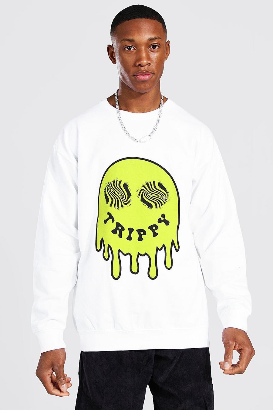 Sweatshirt in Übergröße mit Trippy Drip Face-Print, Weiß image number 1