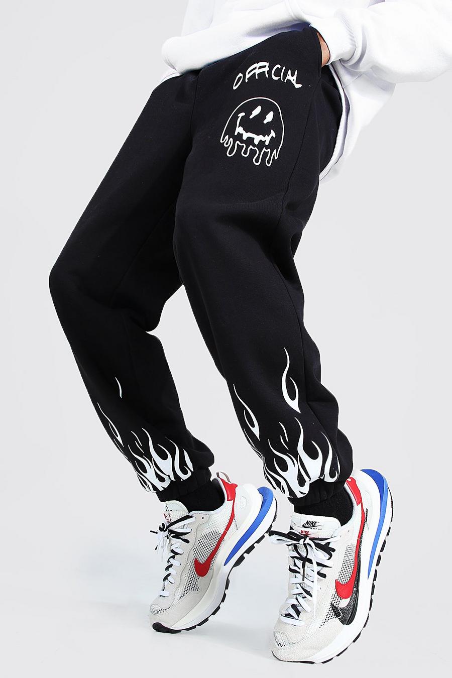 שחור מכנסי ריצה אוברסייז עם כיתוב Official והדפס פרצוף מרוח image number 1