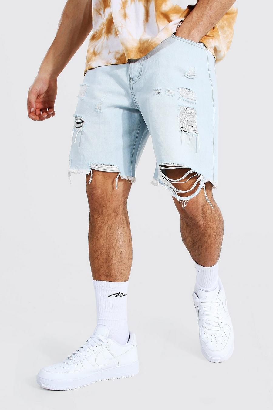 Pantalones cortos vaqueros holgados con rasgado múltiple, Descolorido image number 1