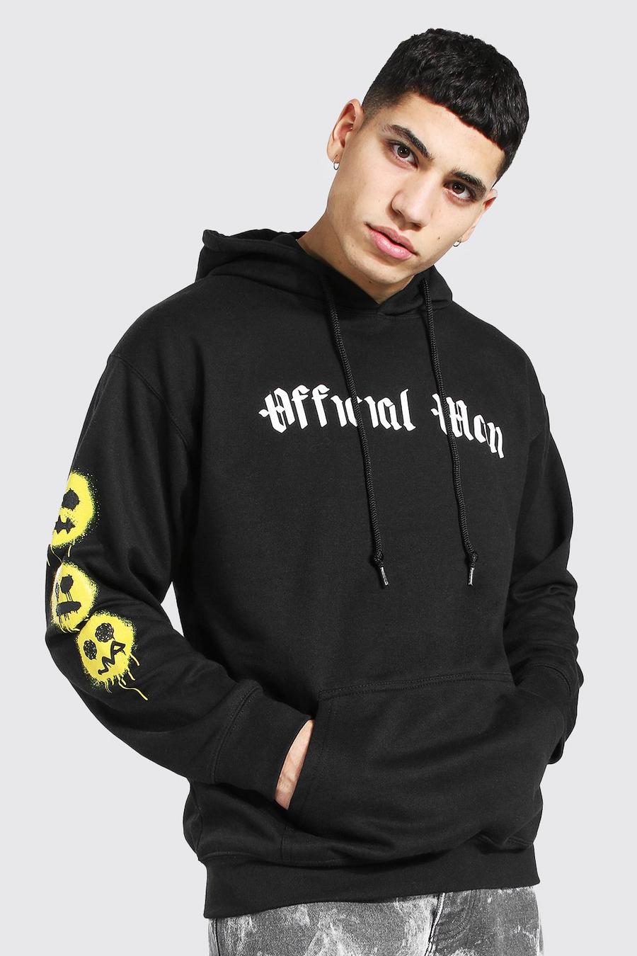 Black Official MAN Oversize hoodie med sprayfärgade smileys image number 1