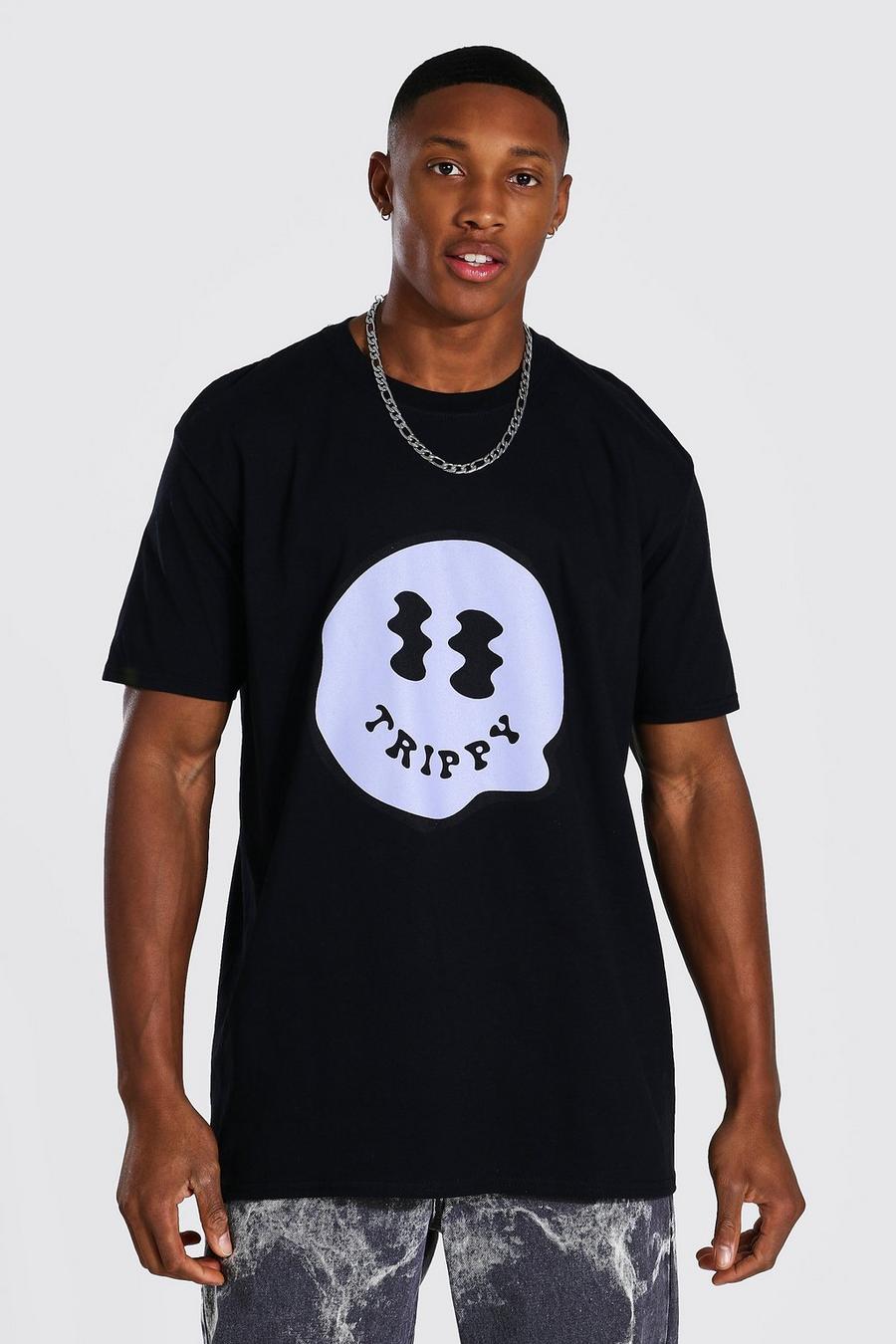 T-Shirt in Übergröße mit Trippy Drip Face-Print, Schwarz image number 1