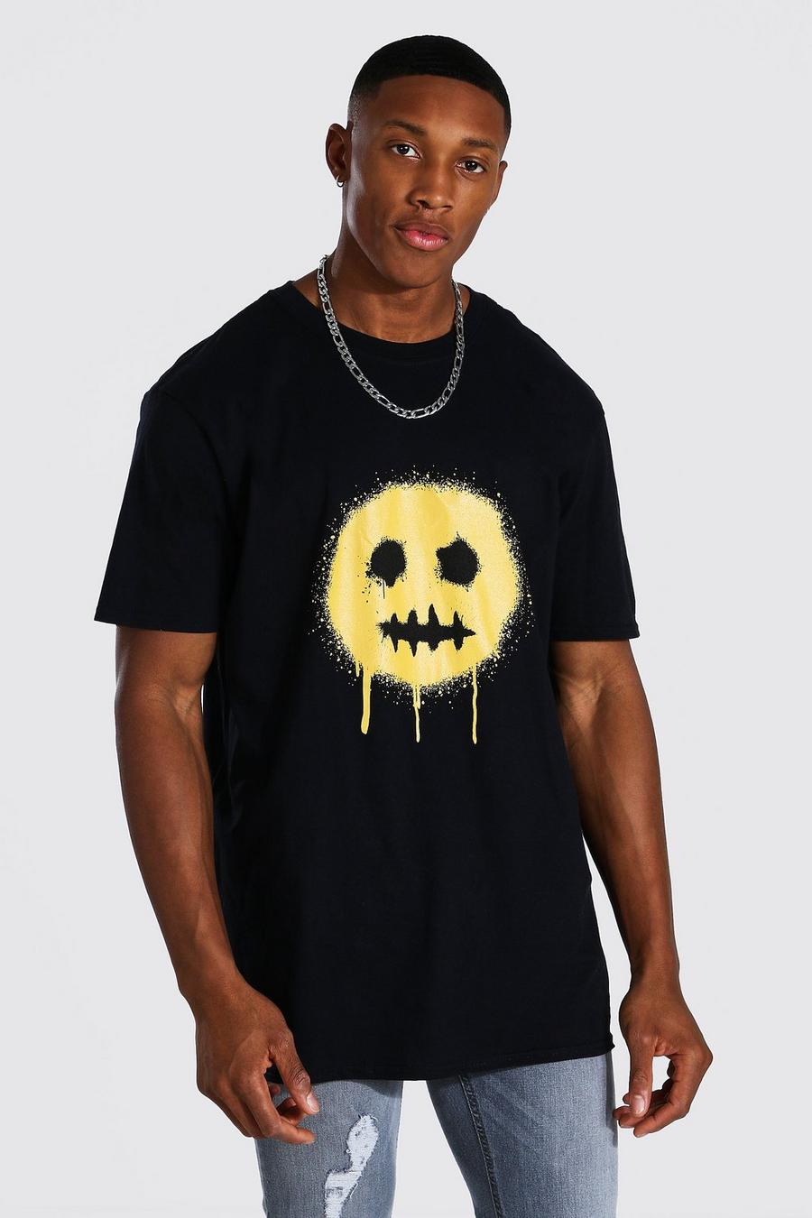 Black Oversized Graffiti Druipende Smiley T-Shirt image number 1
