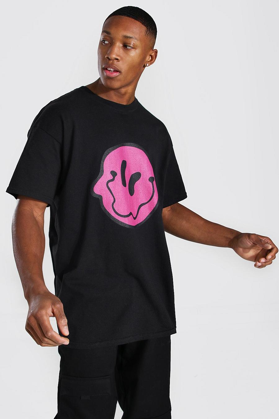 T-shirt oversize con stampa di viso gocciolante dalle linee ondulate, Nero negro image number 1
