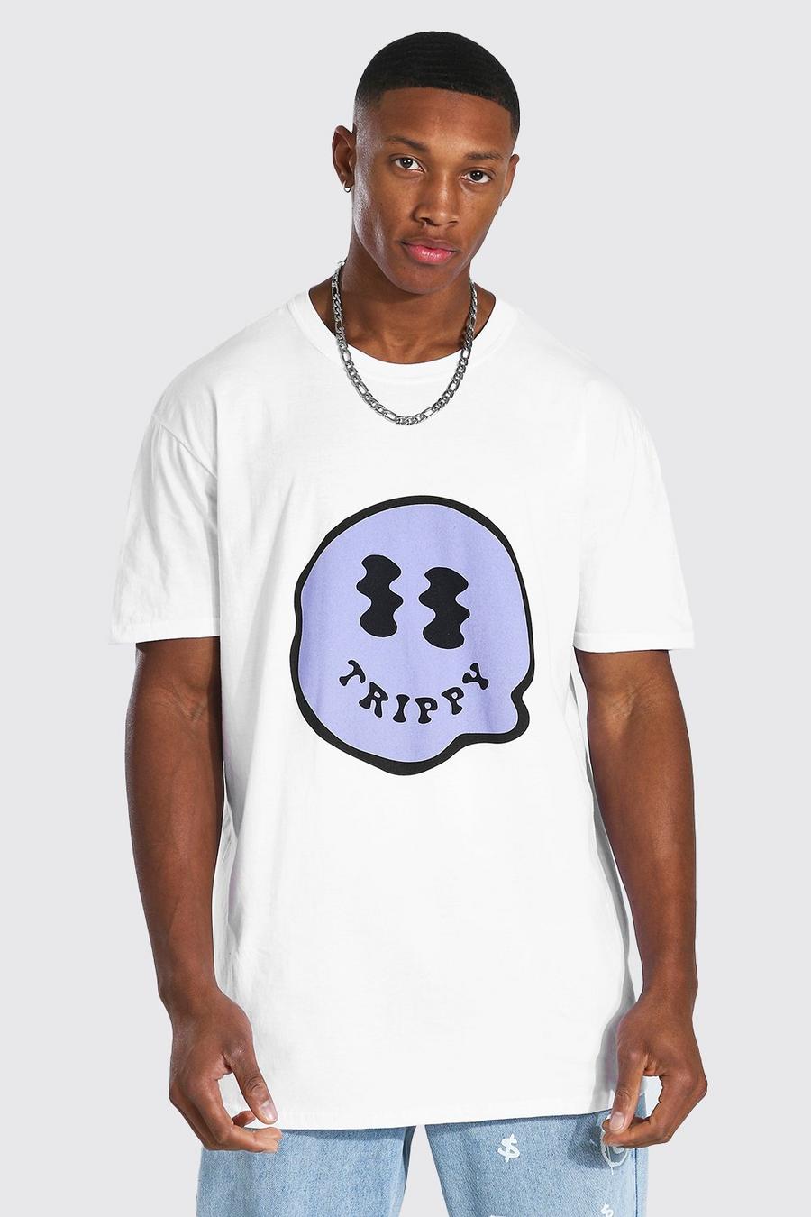 T-Shirt in Übergröße mit Trippy Drip Face-Print, Weiß image number 1