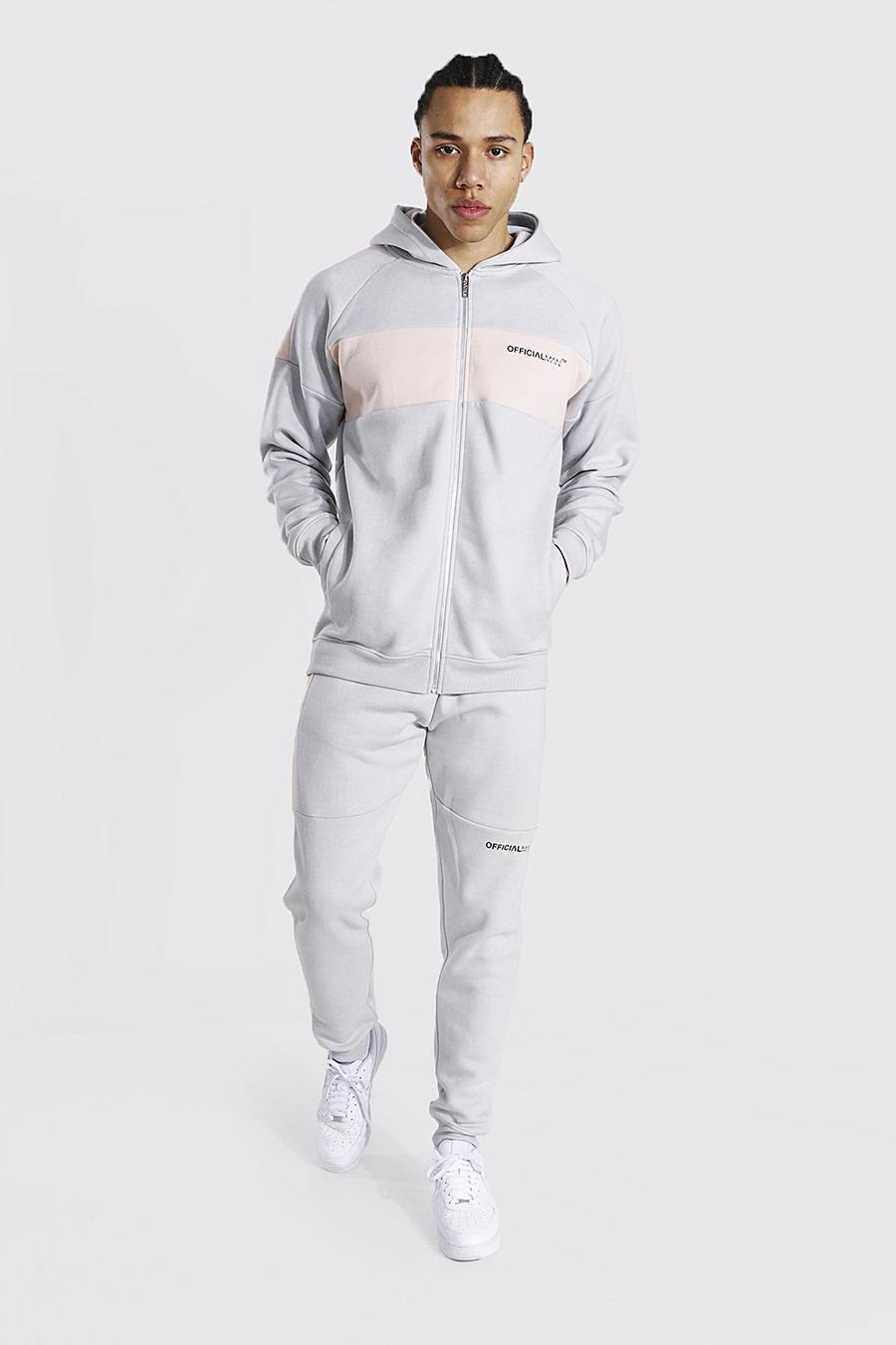 Grey Tall - MAN Träningsoverall med hoodie, blockfärger och dragkedja image number 1