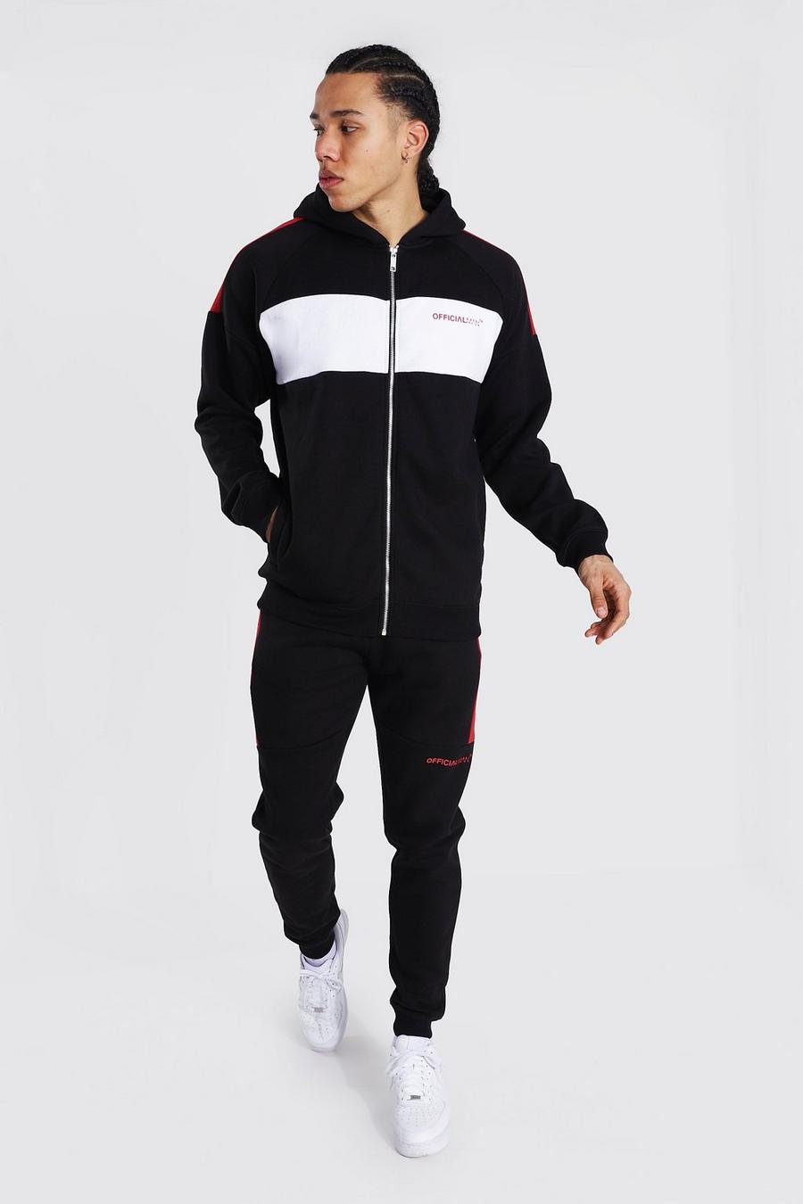 Black Tall - MAN Träningsoverall med hoodie, blockfärger och dragkedja image number 1