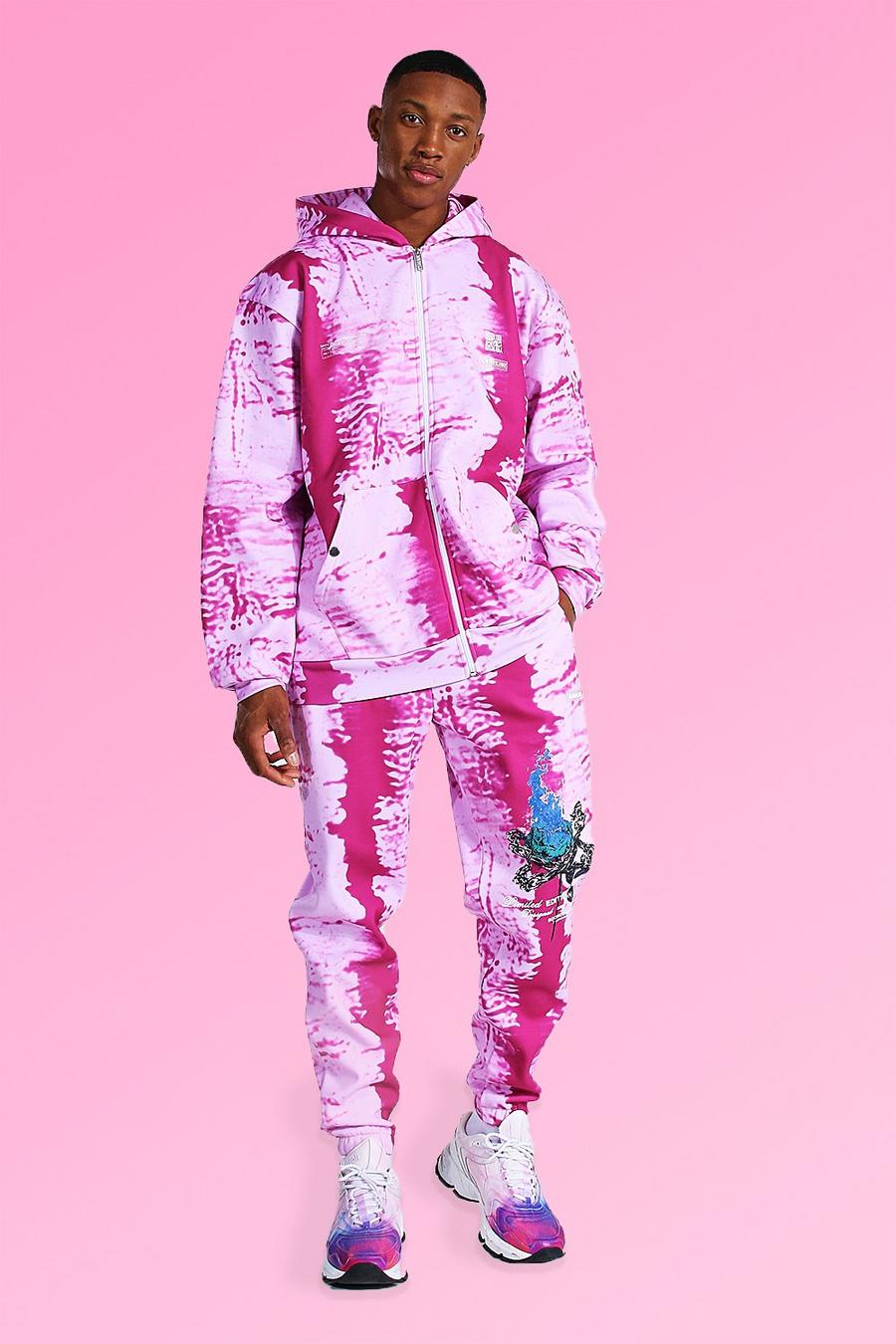 Sweat à capuche zippé oversize et pantalon de survêtement tie-dye, Pink image number 1
